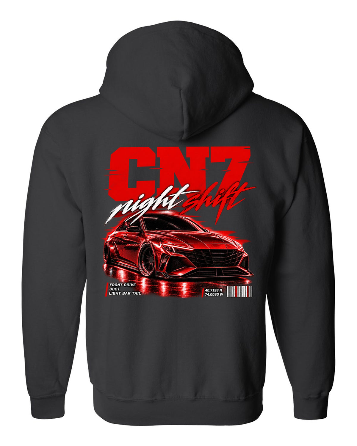 Hyundai Elantra N CN7 street poster print with night shift text and coordinates black zip hoodie back view with the design