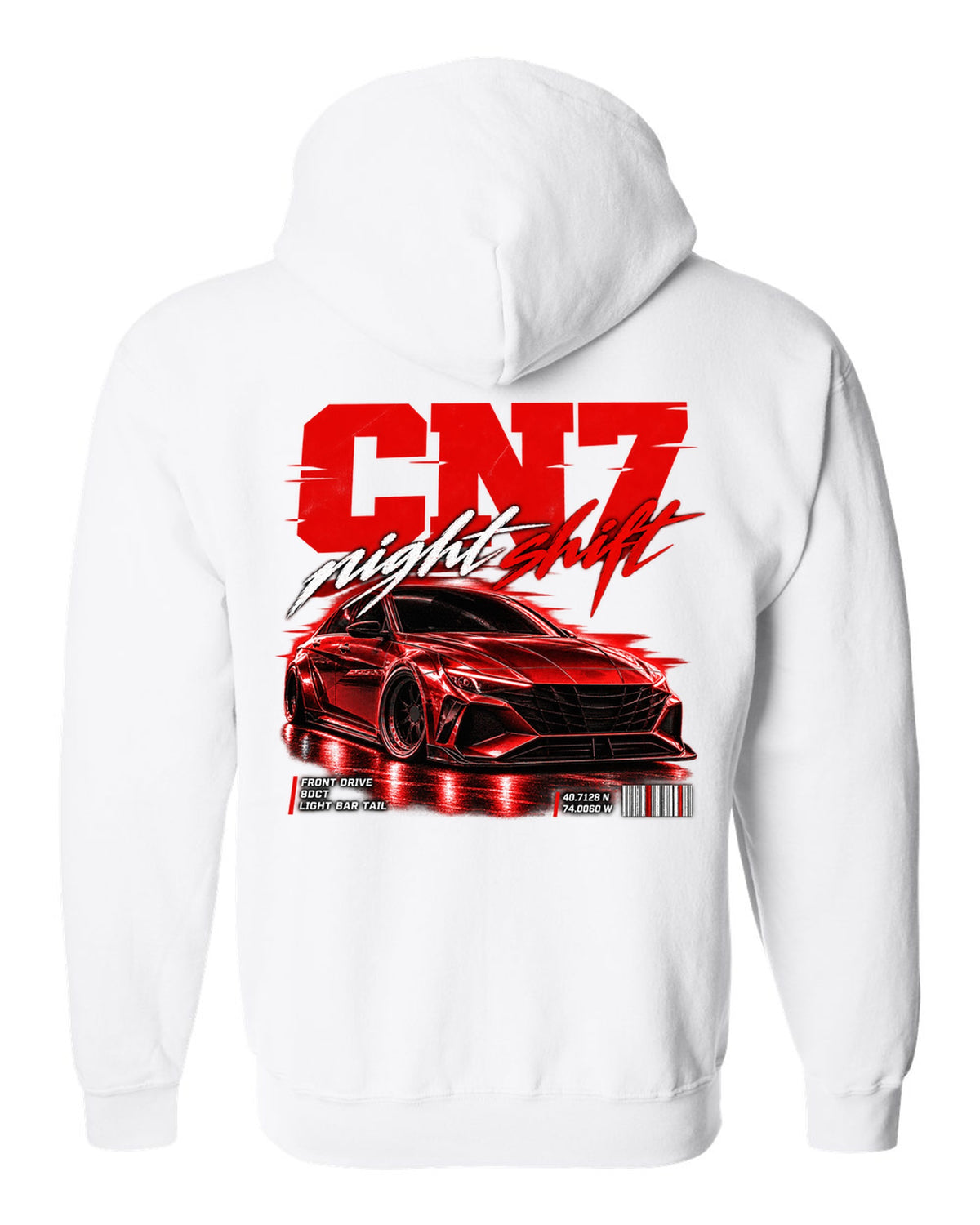 Hyundai Elantra N CN7 street poster print with night shift text and coordinates white zip hoodie back view with the design