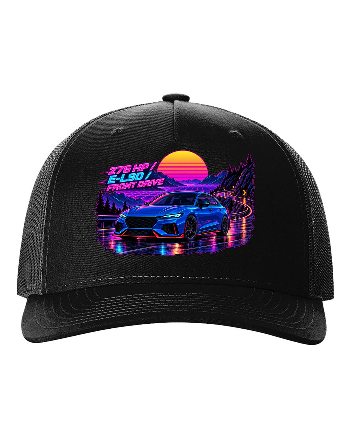 Hyundai Elantra N CN7 synthwave wet road print with 276 HP and E-LSD text black hat front view with the design