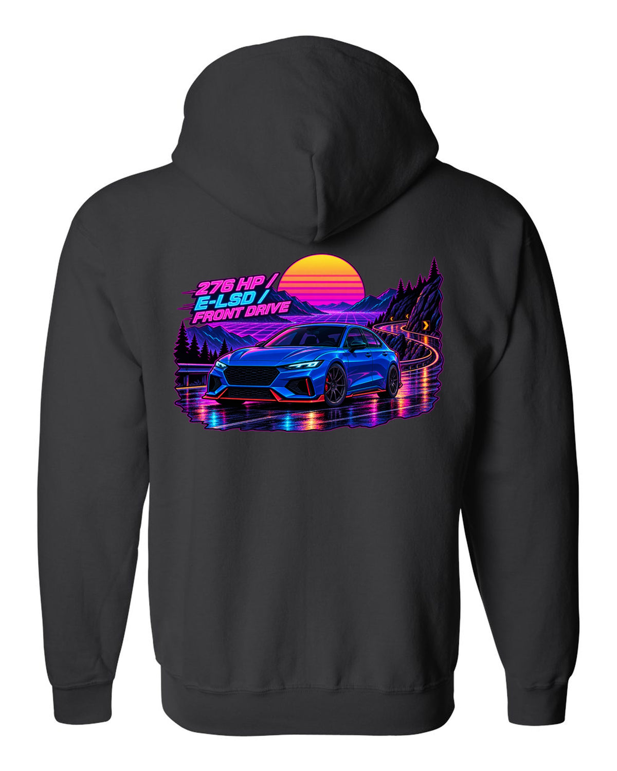 Hyundai Elantra N CN7 synthwave wet road print with 276 HP and E-LSD text black zip hoodie back view with the design