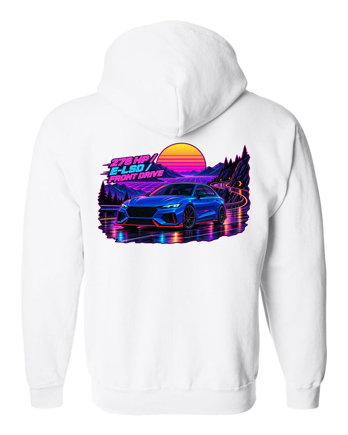 Hyundai Elantra N CN7 synthwave wet road print with 276 HP and E-LSD text white zip hoodie back view with the design