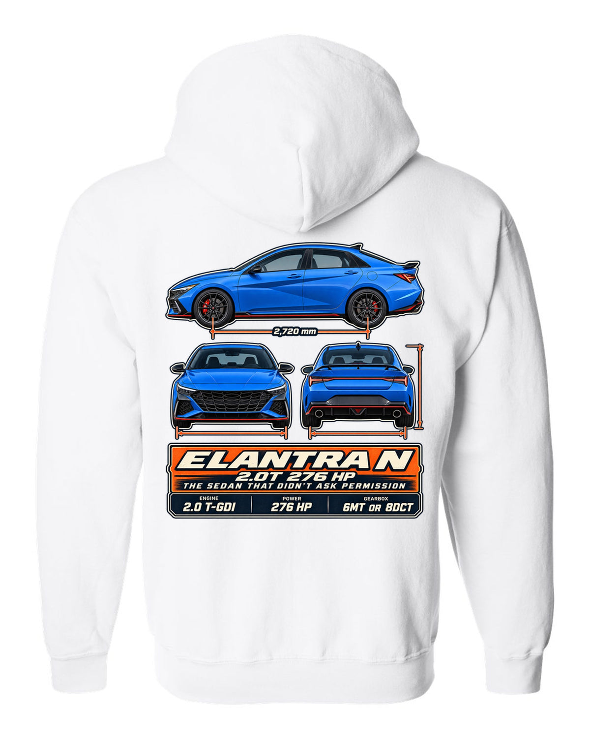 Hyundai Elantra N CN7 three-view drawing with spec table, print white zip hoodie back view with the design