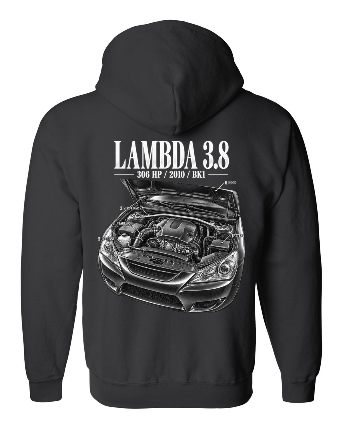 Hyundai Genesis Coupe 3.8 BK1 engine bay with numbered callouts black zip hoodie back view with the design