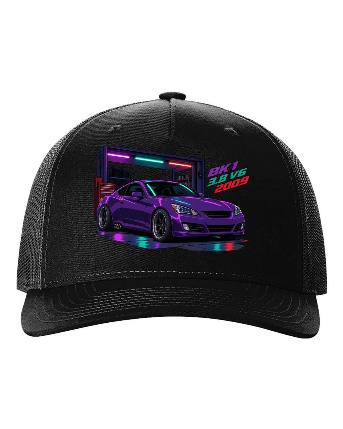 Cel-shaded anime print of a Hyundai Genesis Coupe BK1 in a garage with 3.8 V6 2009 text black hat front view with the design