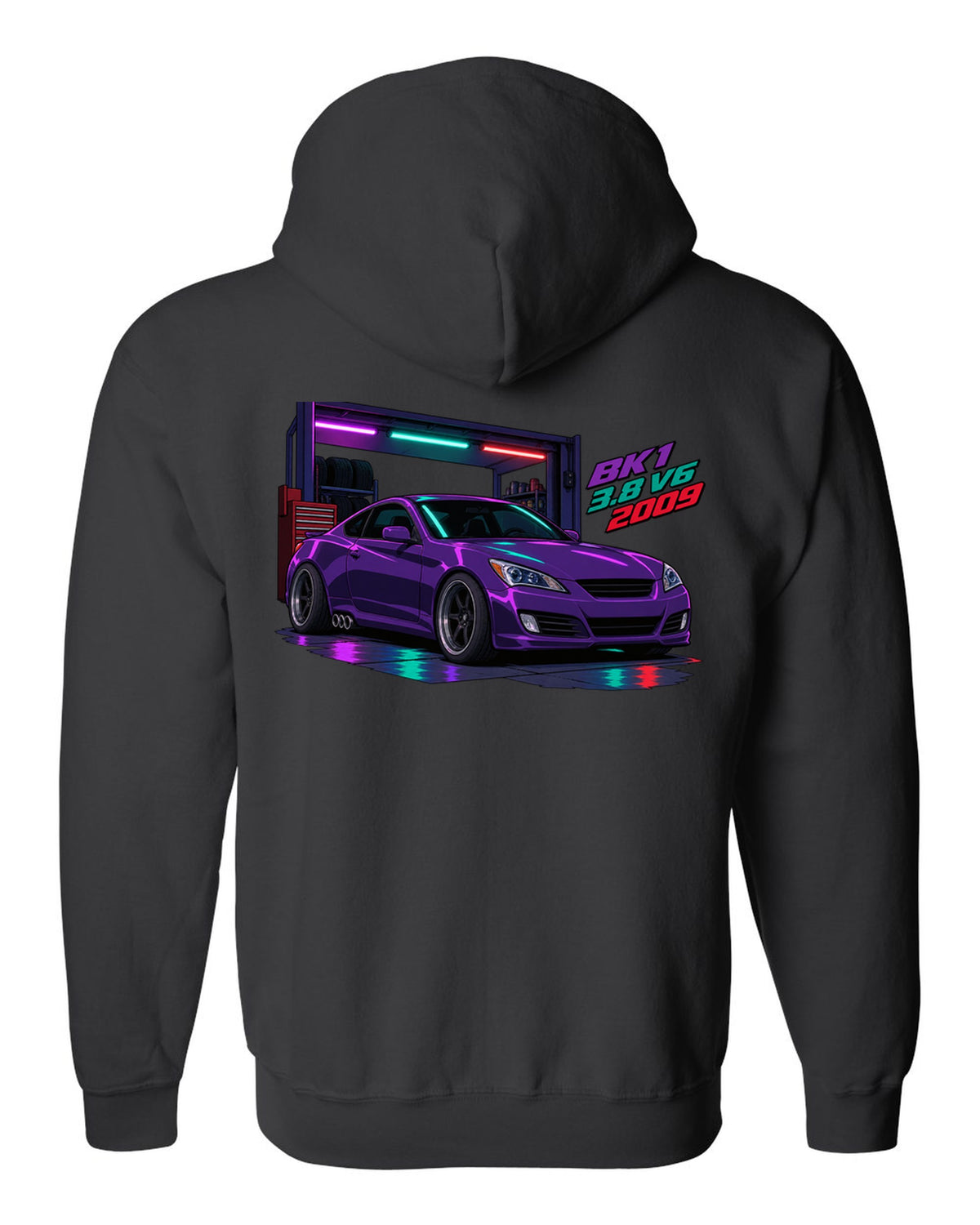 Cel-shaded anime print of a Hyundai Genesis Coupe BK1 in a garage with 3.8 V6 2009 text black zip hoodie back view with the design