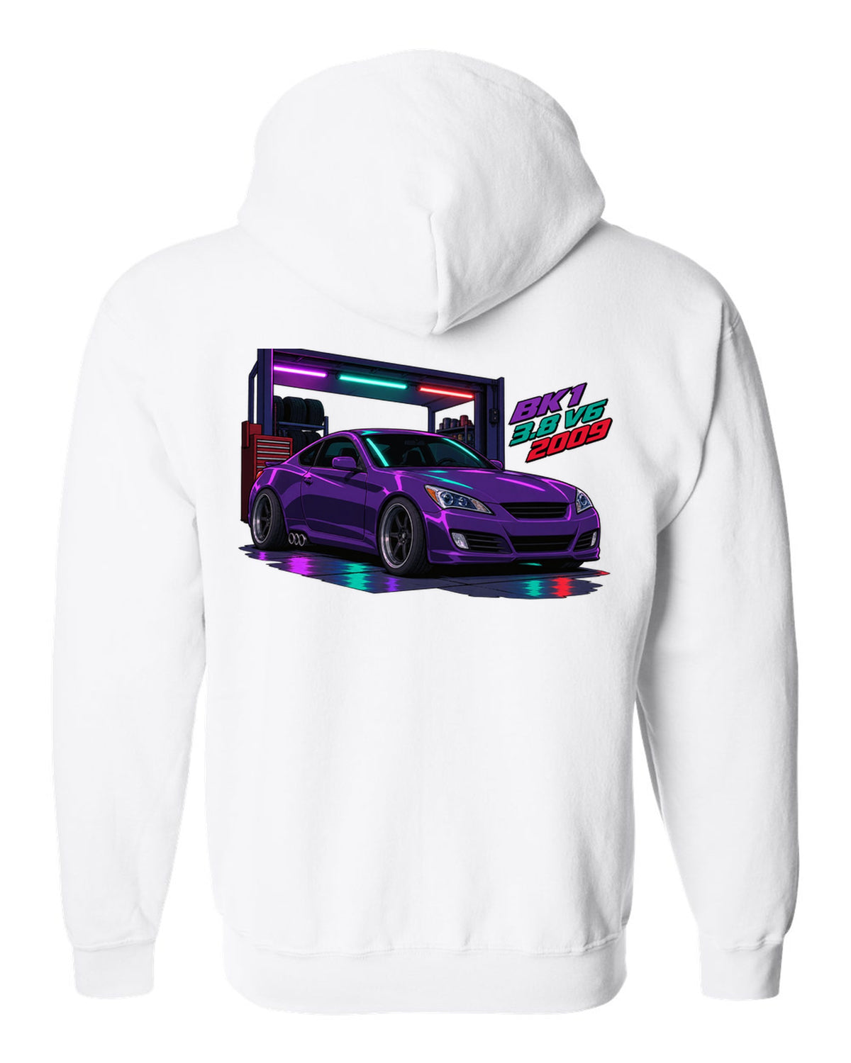 Cel-shaded anime print of a Hyundai Genesis Coupe BK1 in a garage with 3.8 V6 2009 text white zip hoodie back view with the design