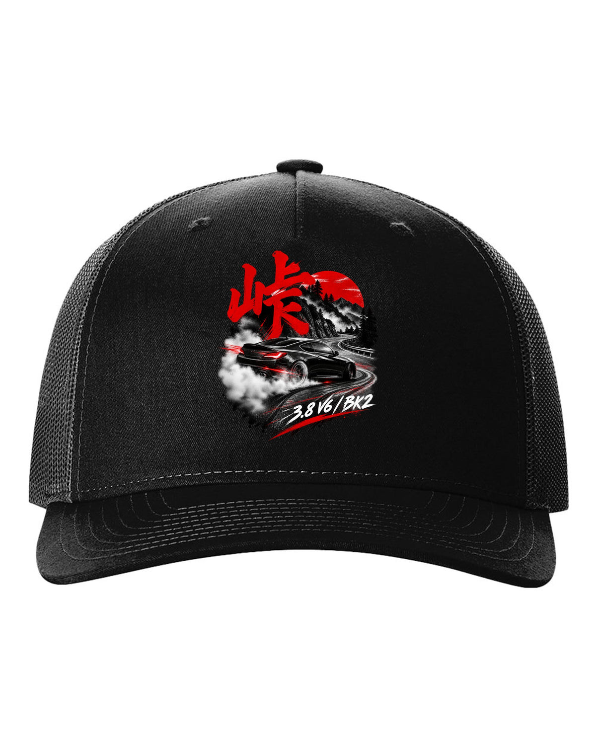 Hyundai Genesis Coupe BK2 on a mountain pass at night with kanji touge text black hat front view with the design