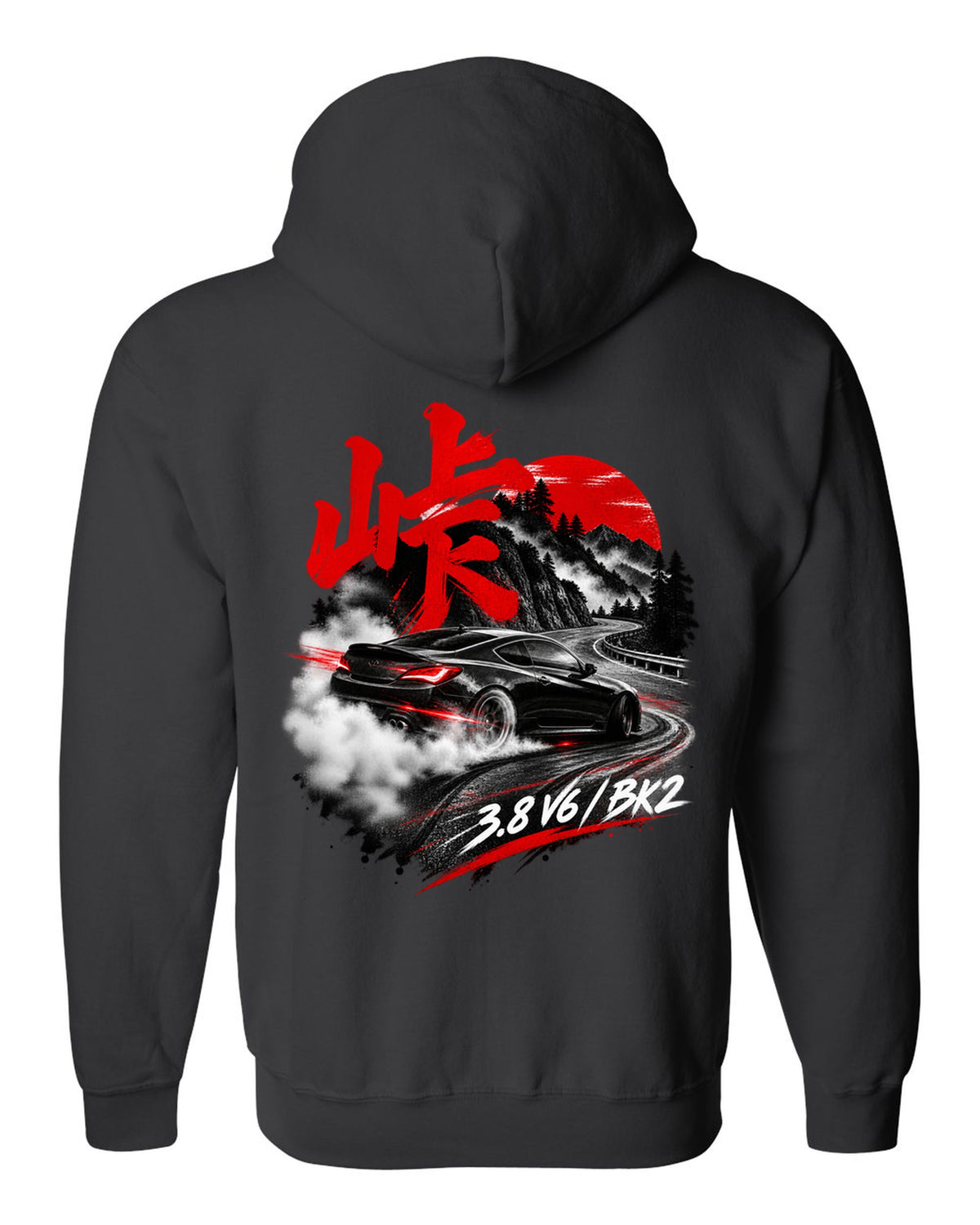 Hyundai Genesis Coupe BK2 on a mountain pass at night with kanji touge text black zip hoodie back view with the design