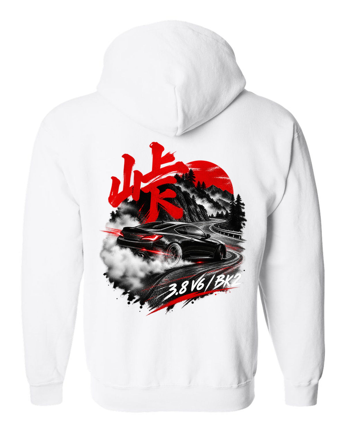 Hyundai Genesis Coupe BK2 on a mountain pass at night with kanji touge text white zip hoodie back view with the design