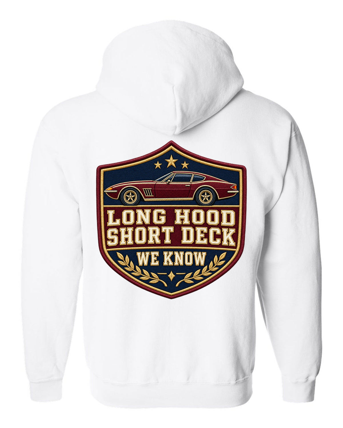 Embroidery varsity crest print for a Hyundai Genesis Coupe BK2 with long hood short deck text white zip hoodie back view with the design