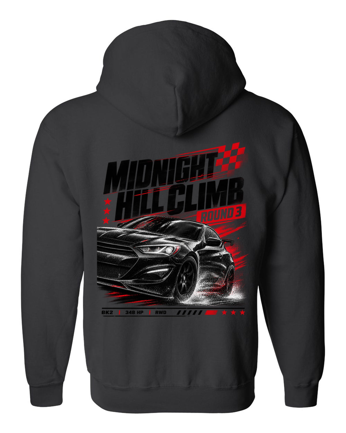 Hyundai Genesis Coupe BK2 midnight hill climb race poster black zip hoodie back view with the design