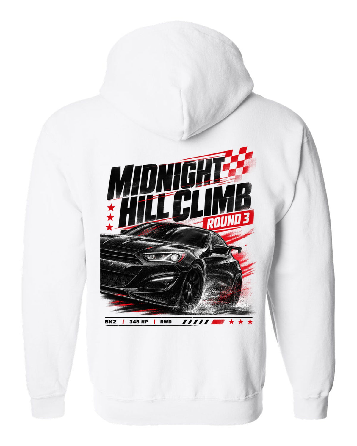 Hyundai Genesis Coupe BK2 midnight hill climb race poster white zip hoodie back view with the design