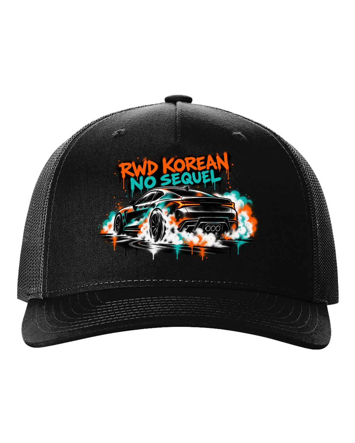 Hyundai Genesis Coupe BK2 stencil spray burnout print with RWD Korean no sequel text black hat front view with the design