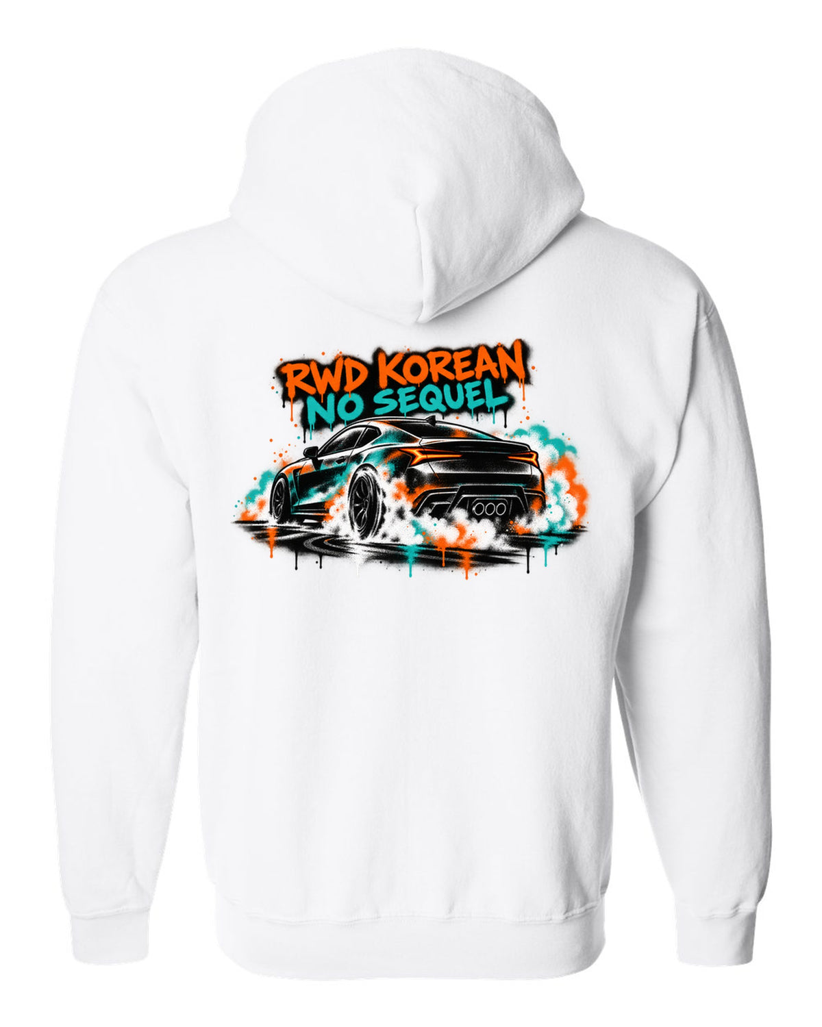 Hyundai Genesis Coupe BK2 stencil spray burnout print with RWD Korean no sequel text white zip hoodie back view with the design