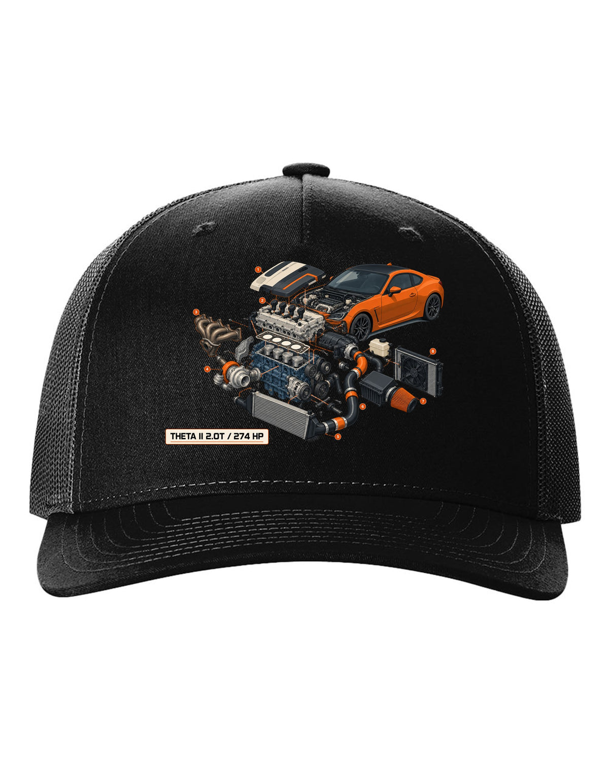 Hyundai Genesis Coupe BK2 isometric exploded cutaway print with Theta II 2.0T and 274 HP black hat front view with the design