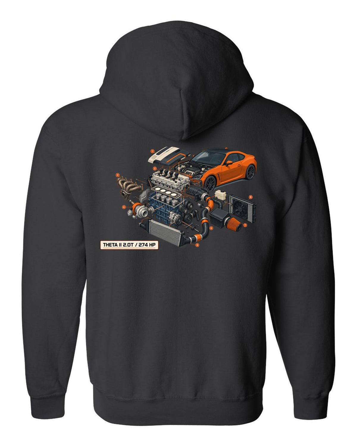Hyundai Genesis Coupe BK2 isometric exploded cutaway print with Theta II 2.0T and 274 HP black zip hoodie back view with the design