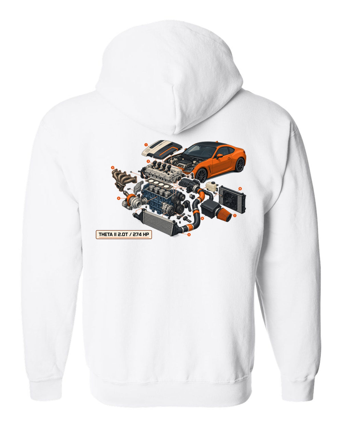 Hyundai Genesis Coupe BK2 isometric exploded cutaway print with Theta II 2.0T and 274 HP white zip hoodie back view with the design