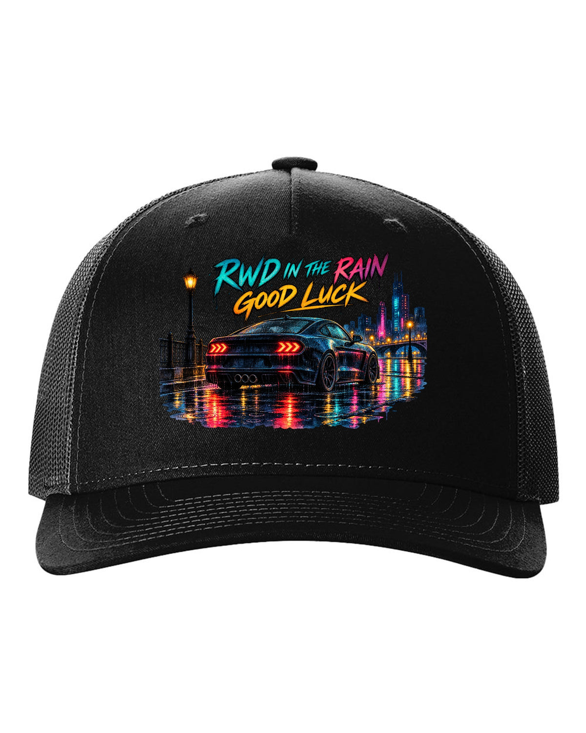 Hyundai Genesis Coupe BK2 watercolour wet road night print with RWD in the rain text black hat front view with the design