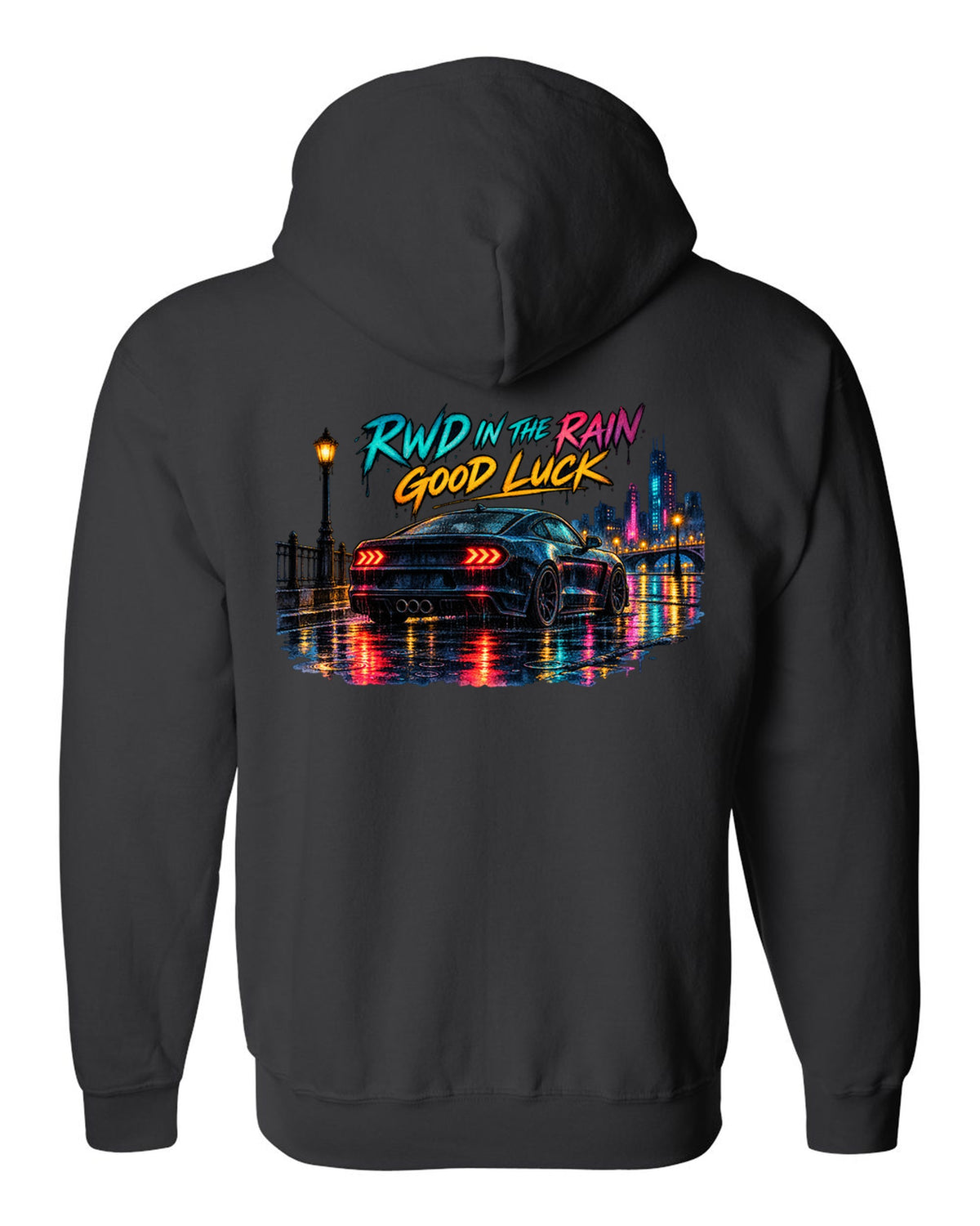Hyundai Genesis Coupe BK2 watercolour wet road night print with RWD in the rain text black zip hoodie back view with the design