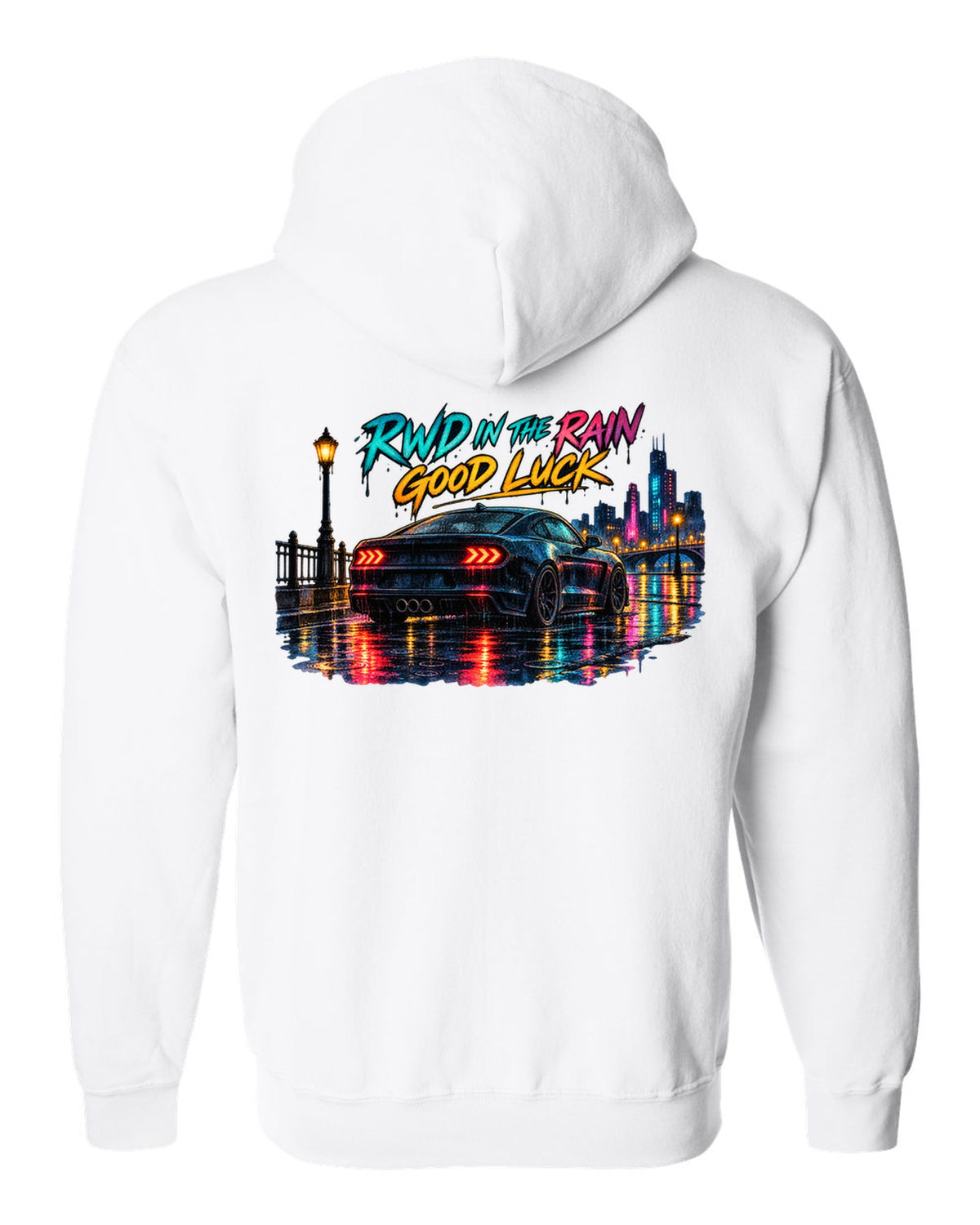 Hyundai Genesis Coupe BK2 watercolour wet road night print with RWD in the rain text white zip hoodie back view with the design
