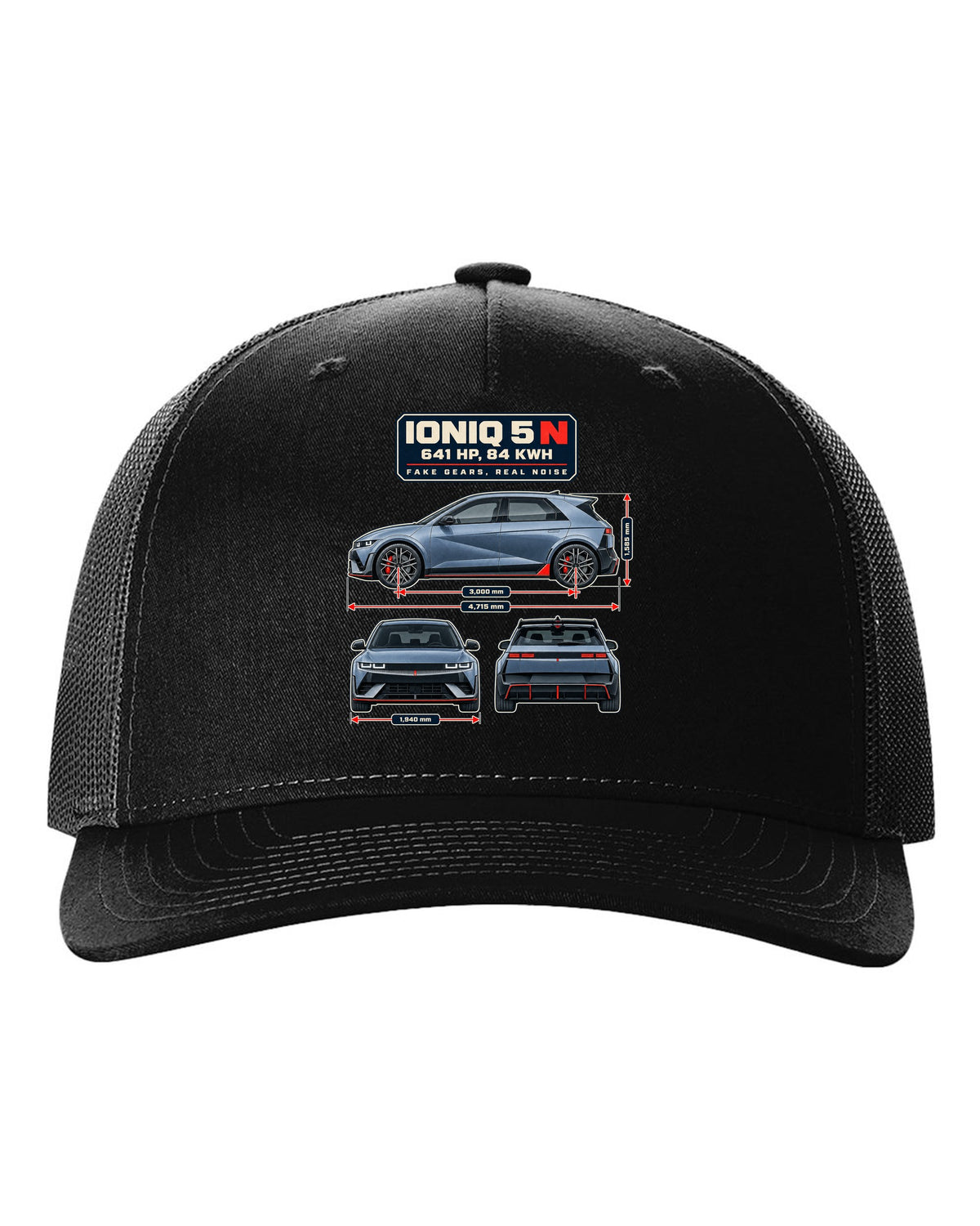 Hyundai Ioniq 5 N dimension blueprint print on a shirt black hat front view with the design
