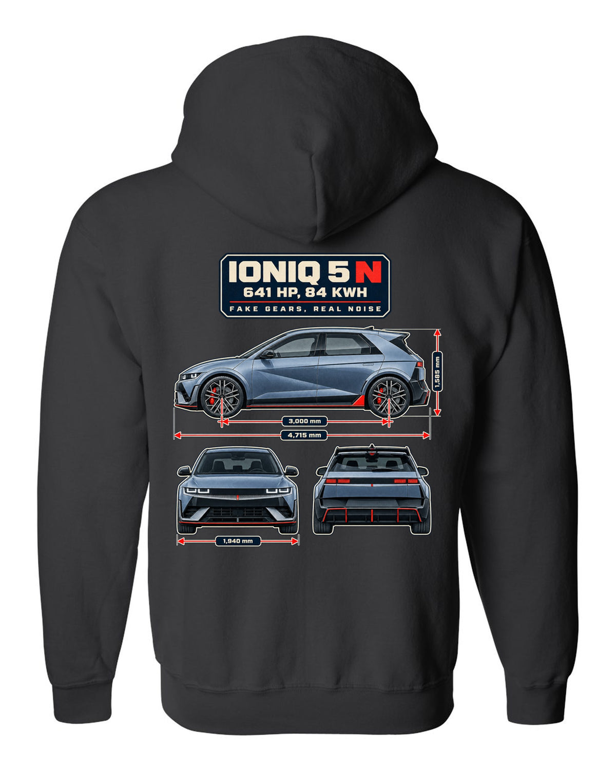 Hyundai Ioniq 5 N dimension blueprint print on a shirt black zip hoodie back view with the design