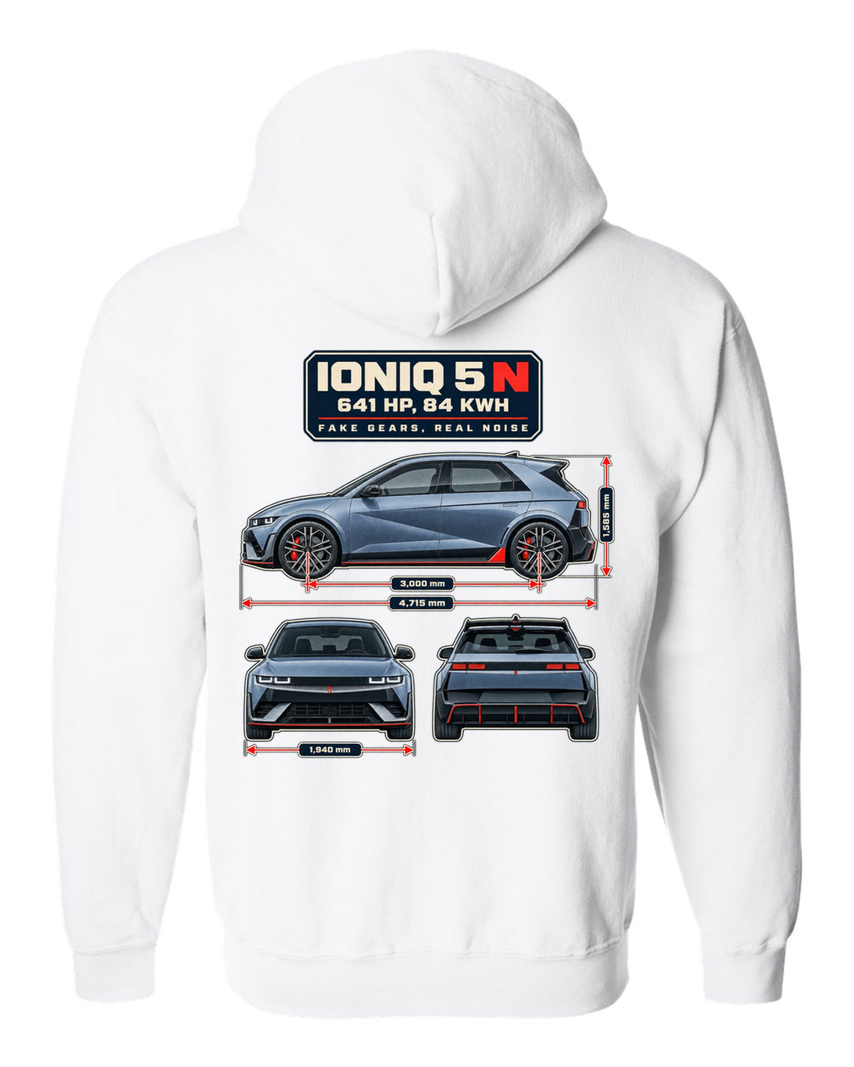 Hyundai Ioniq 5 N dimension blueprint print on a shirt white zip hoodie back view with the design