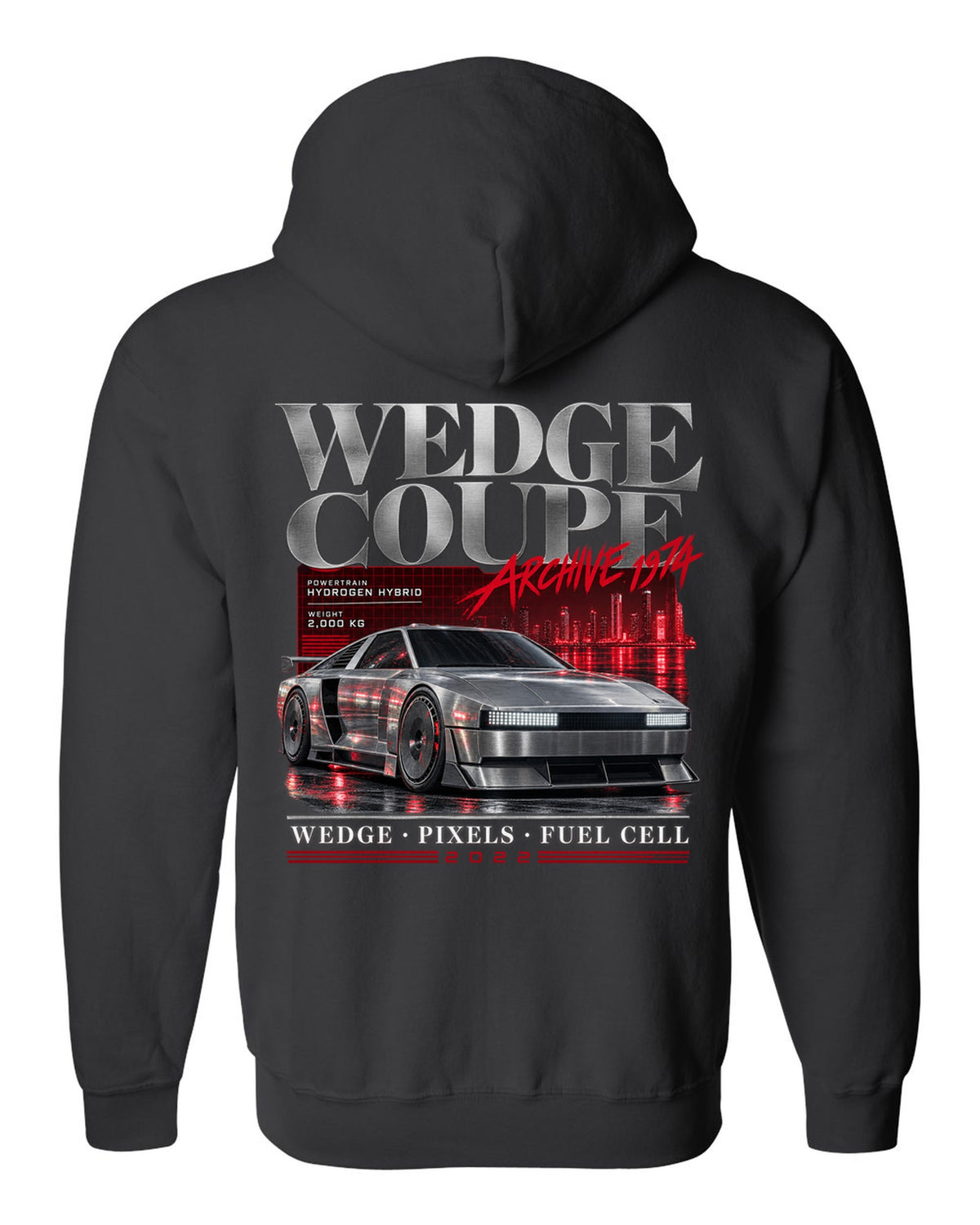 Hyundai N Vision 74 archive panel print with wedge coupe and hydrogen hybrid text black zip hoodie back view with the design