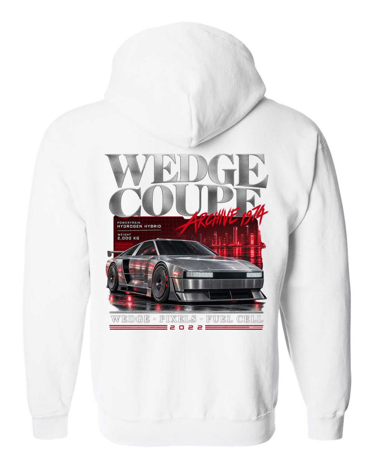 Hyundai N Vision 74 archive panel print with wedge coupe and hydrogen hybrid text white zip hoodie back view with the design