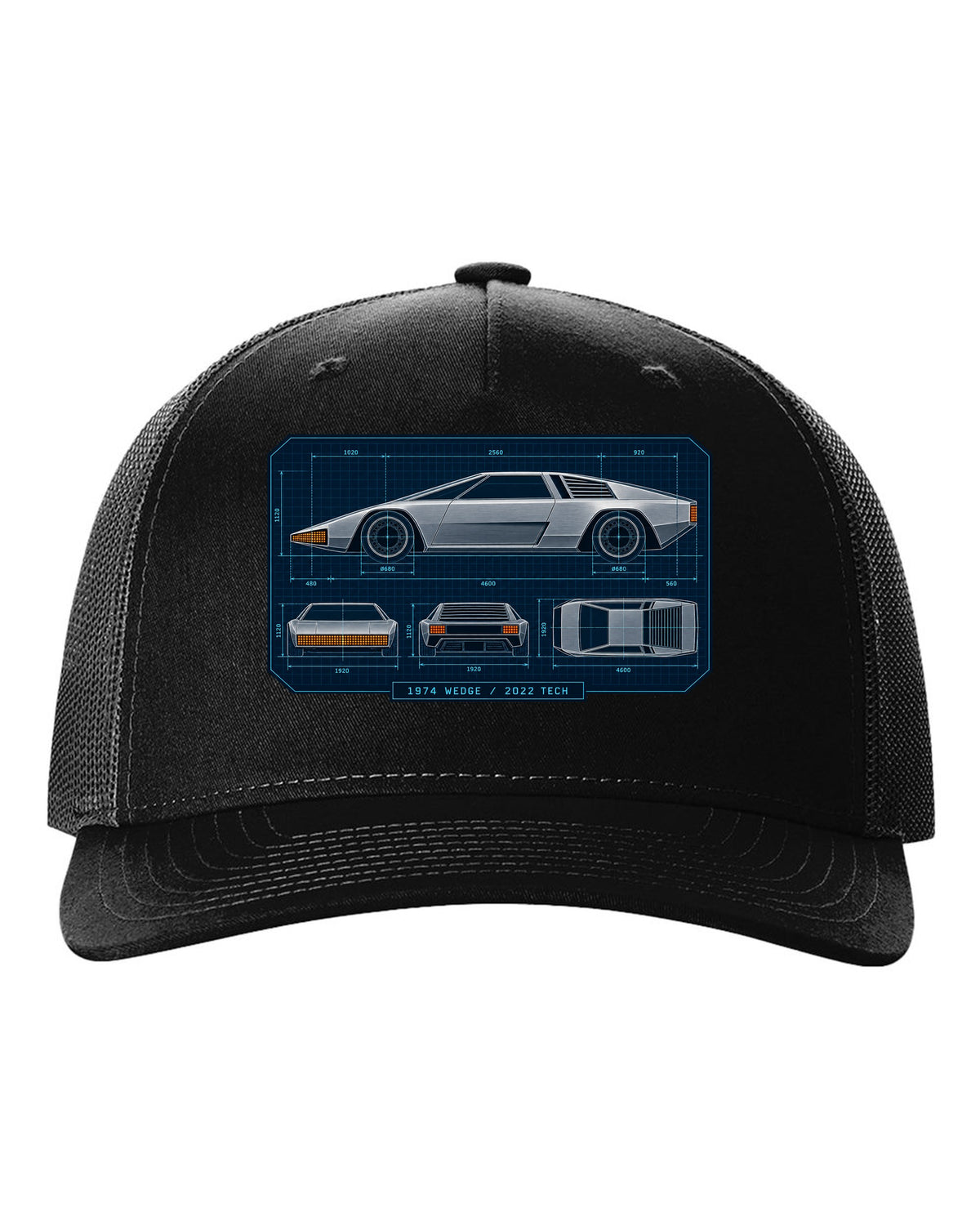 Technical orthographic blueprint print of the Hyundai N Vision 74 concept with 1974 wedge 2022 tech text black hat front view with the design