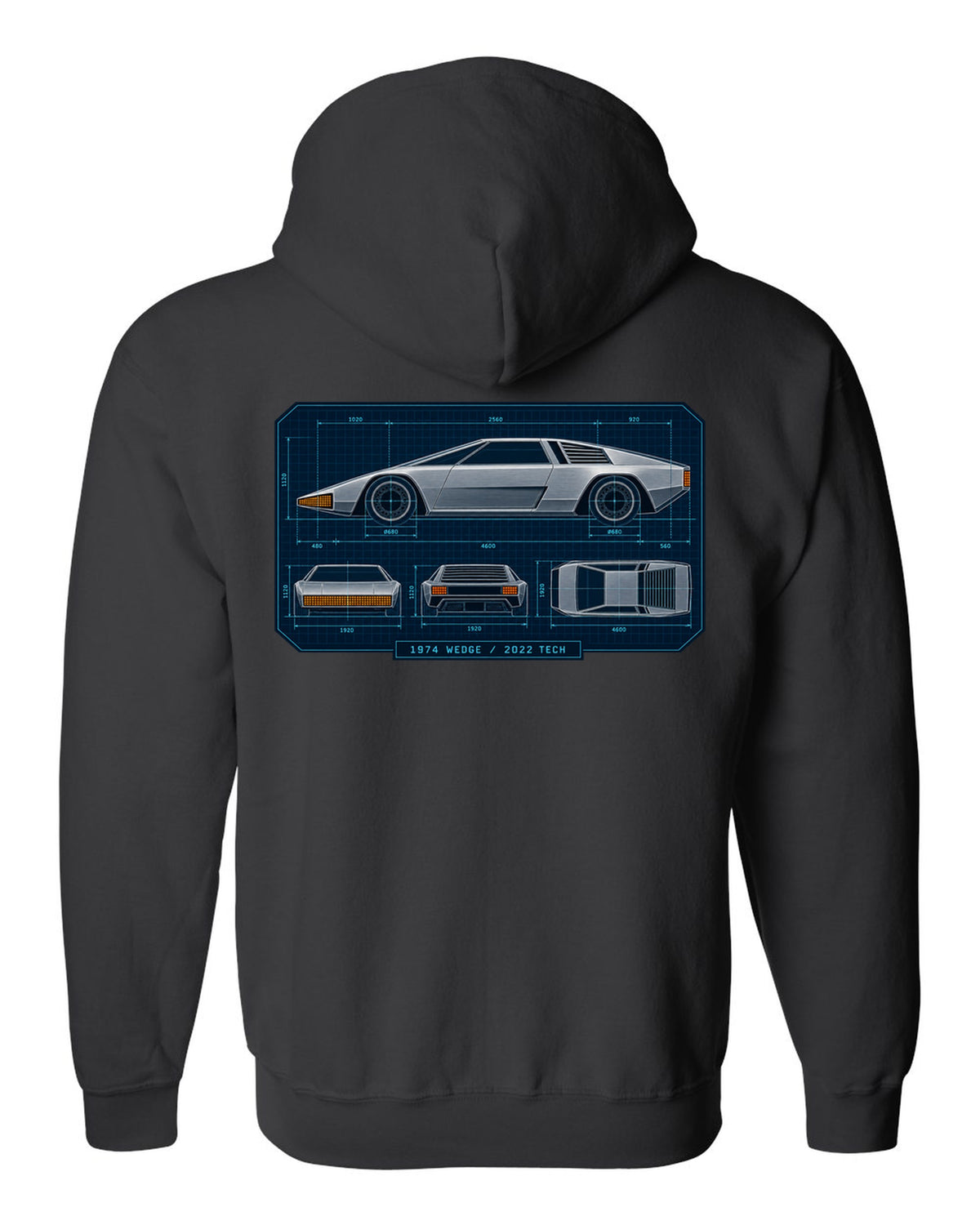 Technical orthographic blueprint print of the Hyundai N Vision 74 concept with 1974 wedge 2022 tech text black zip hoodie back view with the design