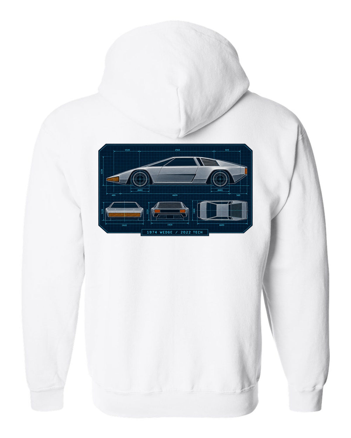 Technical orthographic blueprint print of the Hyundai N Vision 74 concept with 1974 wedge 2022 tech text white zip hoodie back view with the design