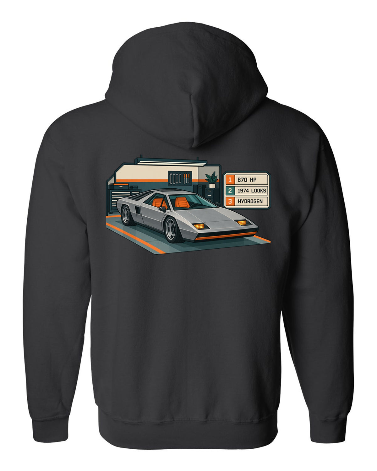 Hyundai N Vision 74 concept spec-sheet data plate print with 670 HP and hydrogen text black zip hoodie back view with the design
