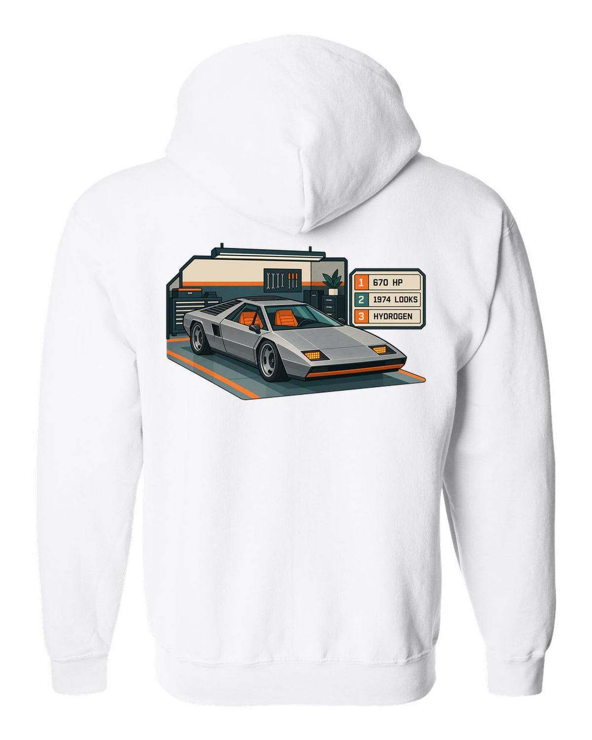 Hyundai N Vision 74 concept spec-sheet data plate print with 670 HP and hydrogen text white zip hoodie back view with the design