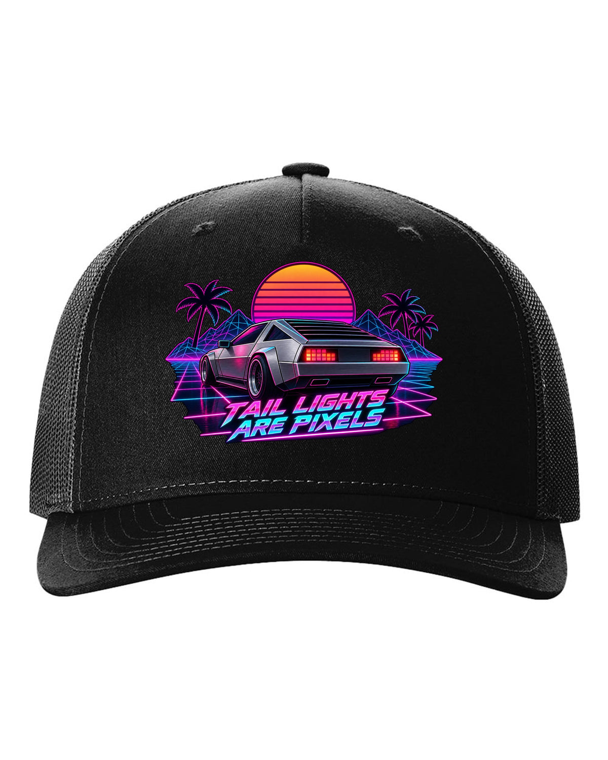 Synthwave outrun print of the Hyundai N Vision 74 concept with pixel tail lights text black hat front view with the design