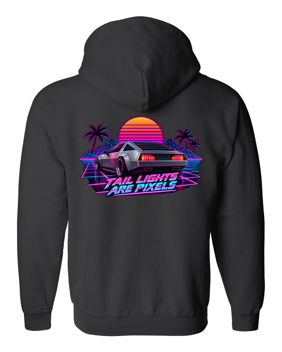 Synthwave outrun print of the Hyundai N Vision 74 concept with pixel tail lights text black zip hoodie back view with the design