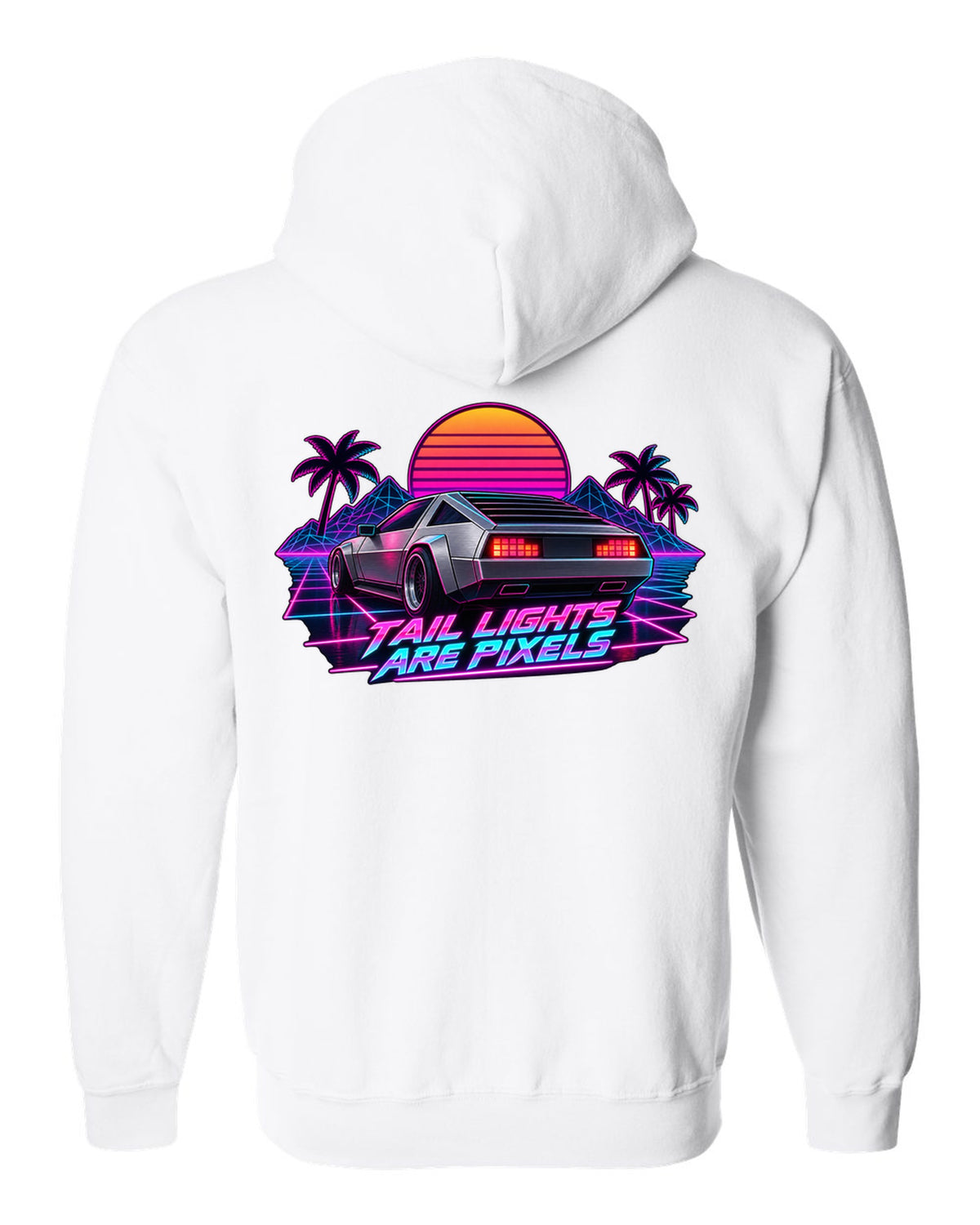 Synthwave outrun print of the Hyundai N Vision 74 concept with pixel tail lights text white zip hoodie back view with the design