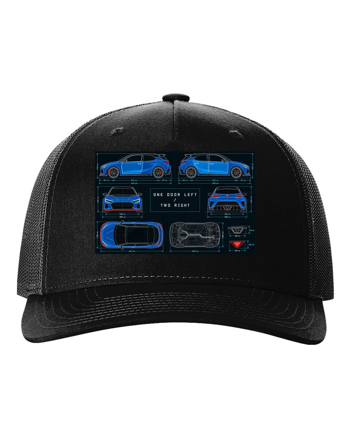 Hyundai Veloster N JS technical blueprint print with one door left and two right black hat front view with the design