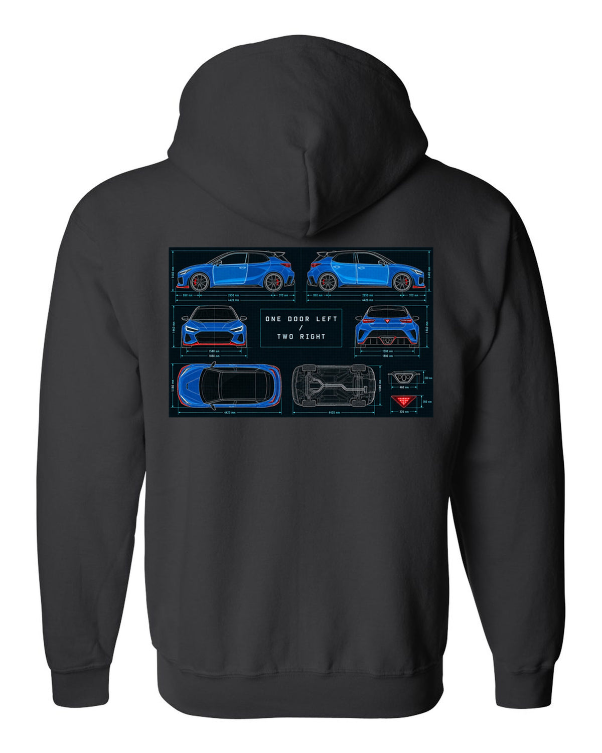 Hyundai Veloster N JS technical blueprint print with one door left and two right black zip hoodie back view with the design