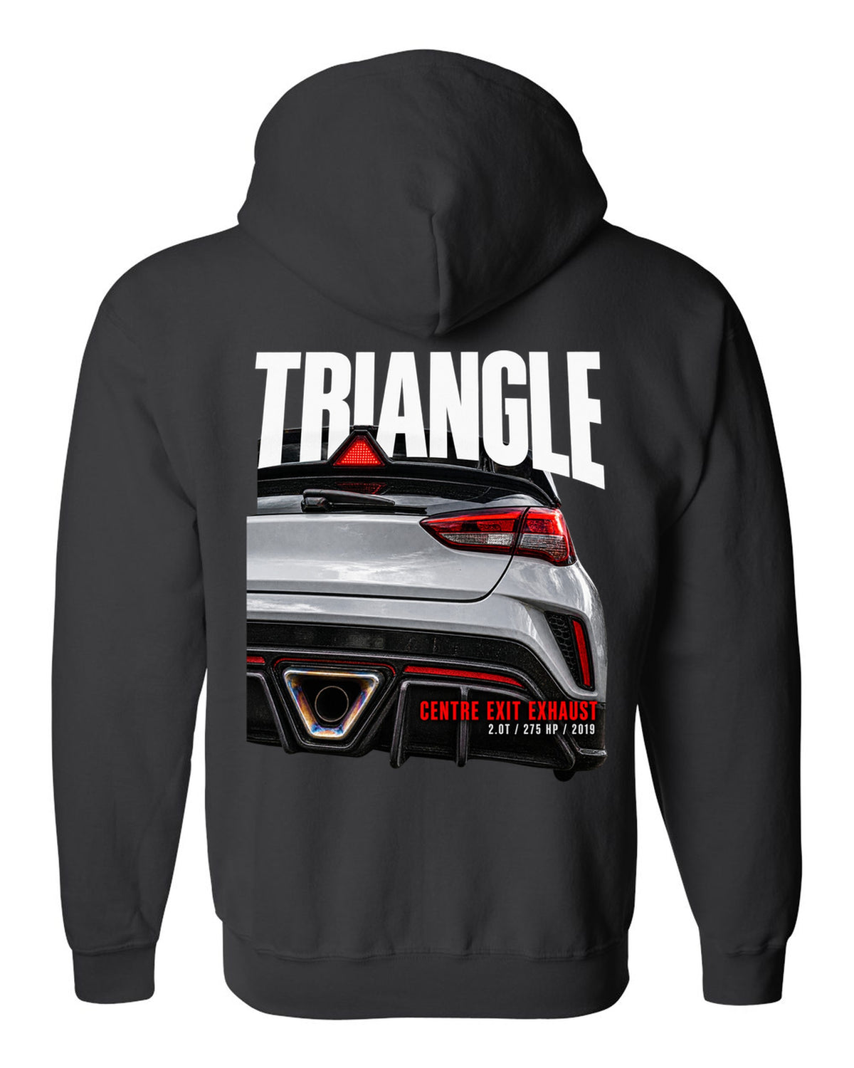 Rear macro of Hyundai Veloster N JS showing triangle and centre exit exhaust black zip hoodie back view with the design