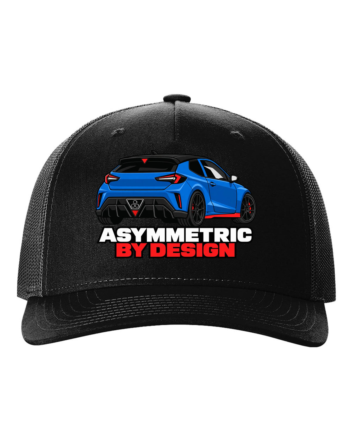 Hyundai Veloster N JS flat vector rear three-quarter print with asymmetric by design text black hat front view with the design