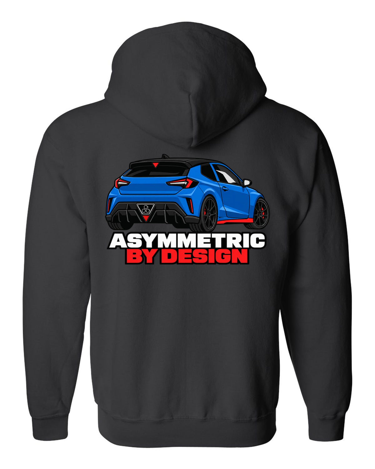 Hyundai Veloster N JS flat vector rear three-quarter print with asymmetric by design text black zip hoodie back view with the design