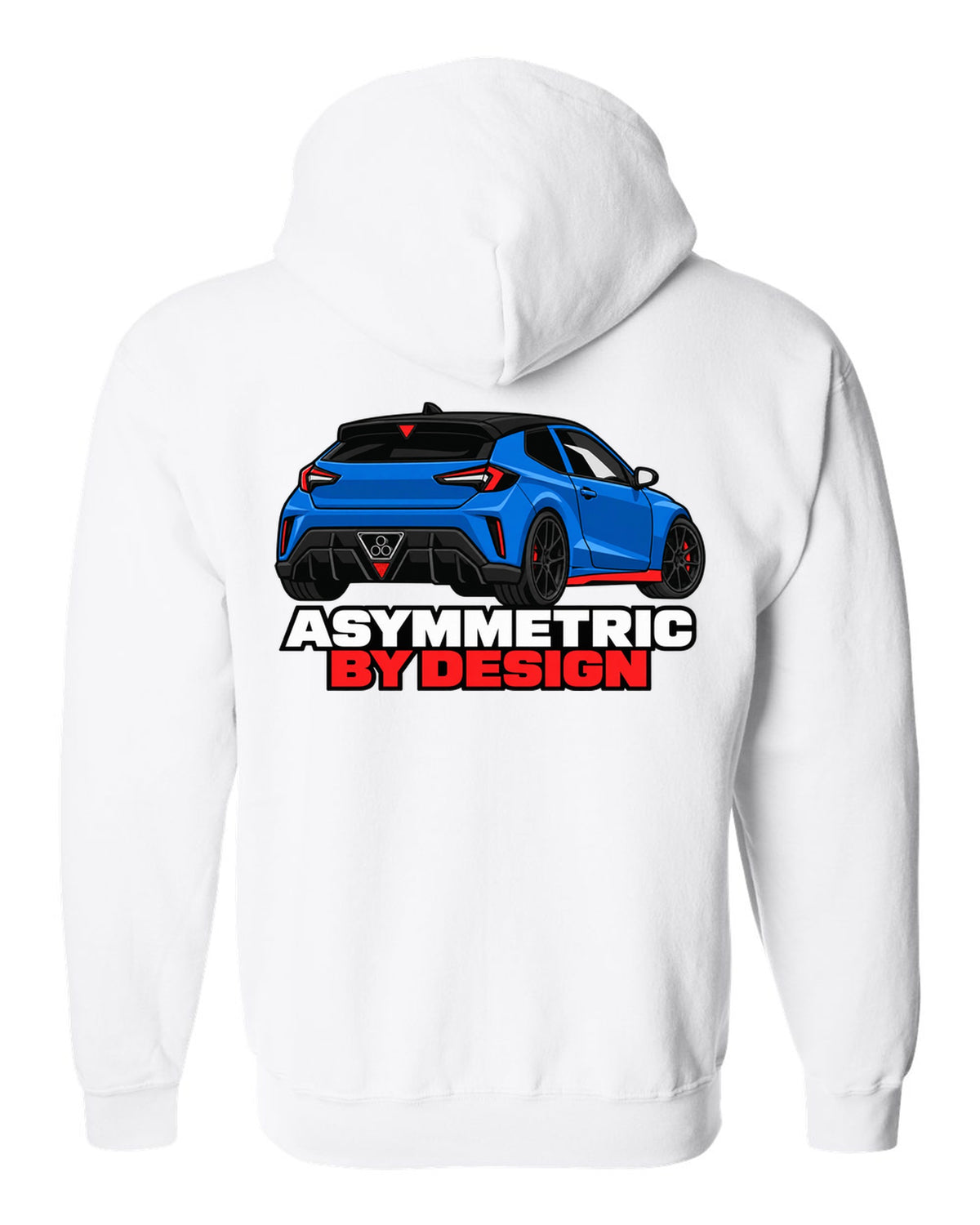 Hyundai Veloster N JS flat vector rear three-quarter print with asymmetric by design text white zip hoodie back view with the design