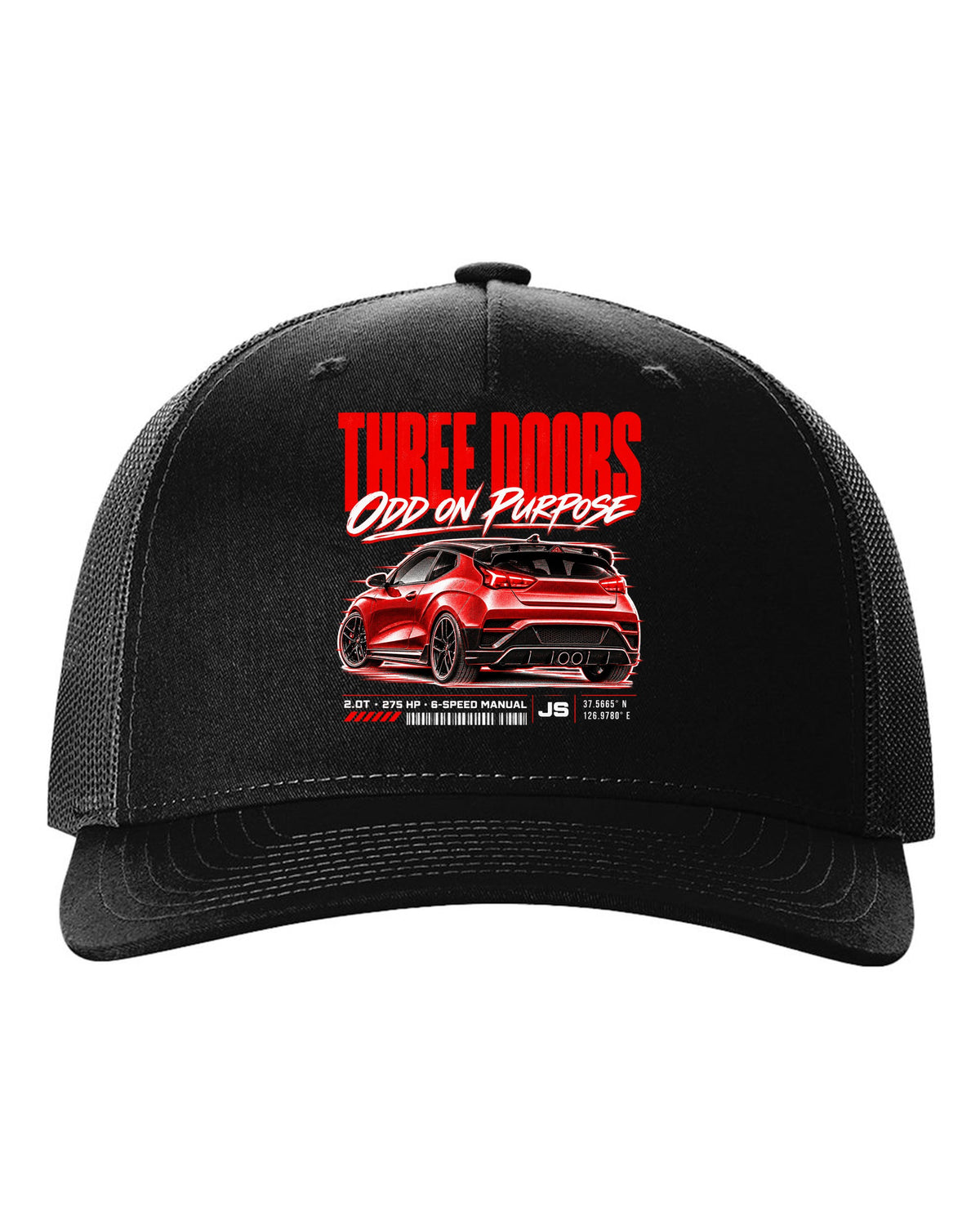 Hyundai Veloster N JS street poster with three doors odd on purpose text black hat front view with the design