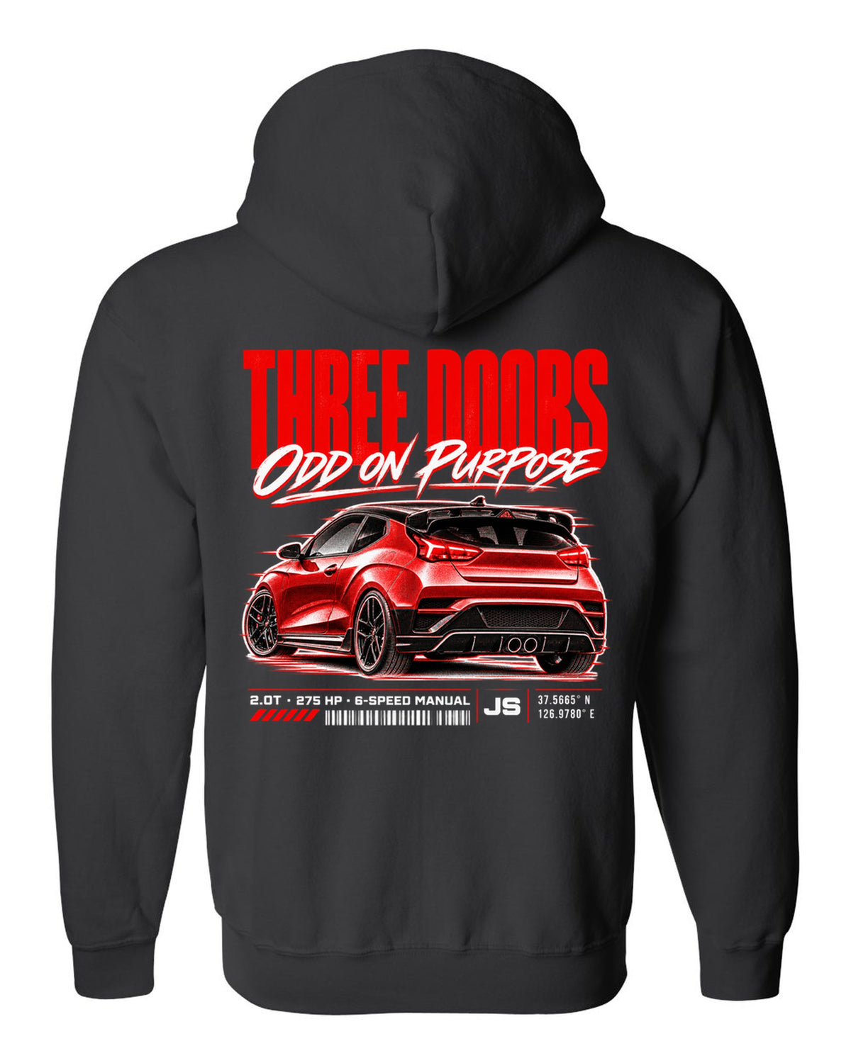 Hyundai Veloster N JS street poster with three doors odd on purpose text black zip hoodie back view with the design