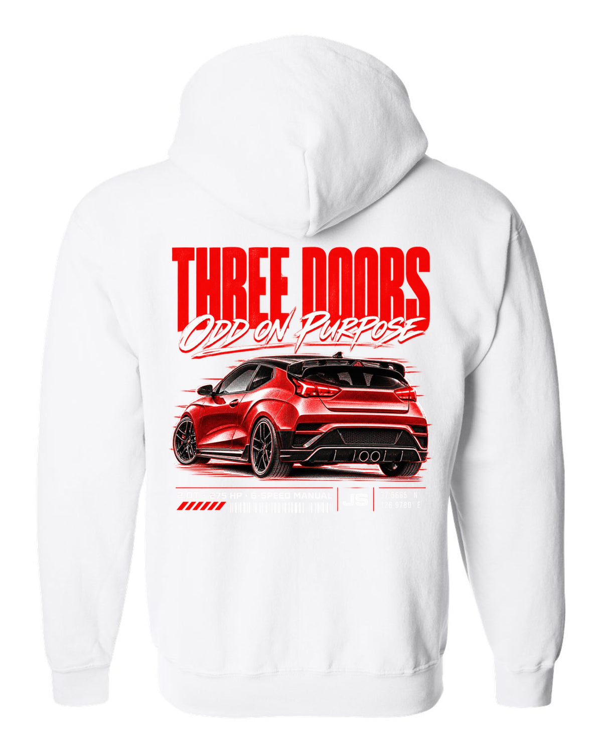Hyundai Veloster N JS street poster with three doors odd on purpose text white zip hoodie back view with the design