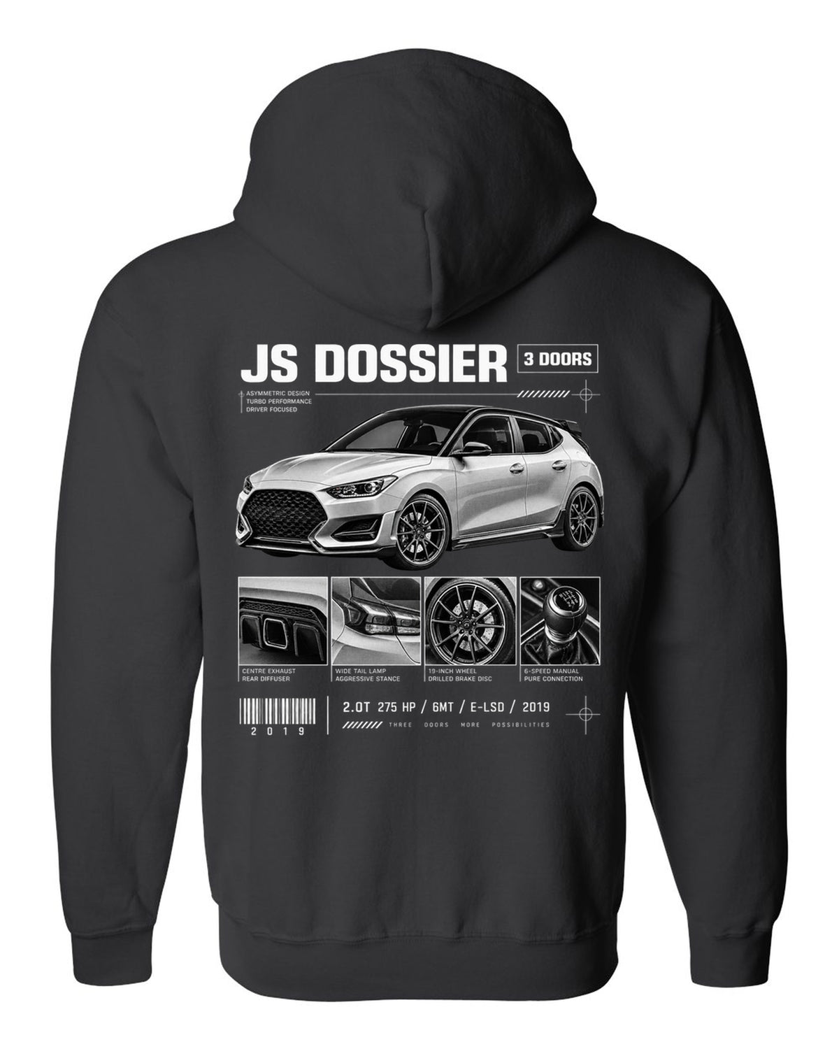 Hyundai Veloster N JS dossier panels with three doors and drivetrain specs black zip hoodie back view with the design