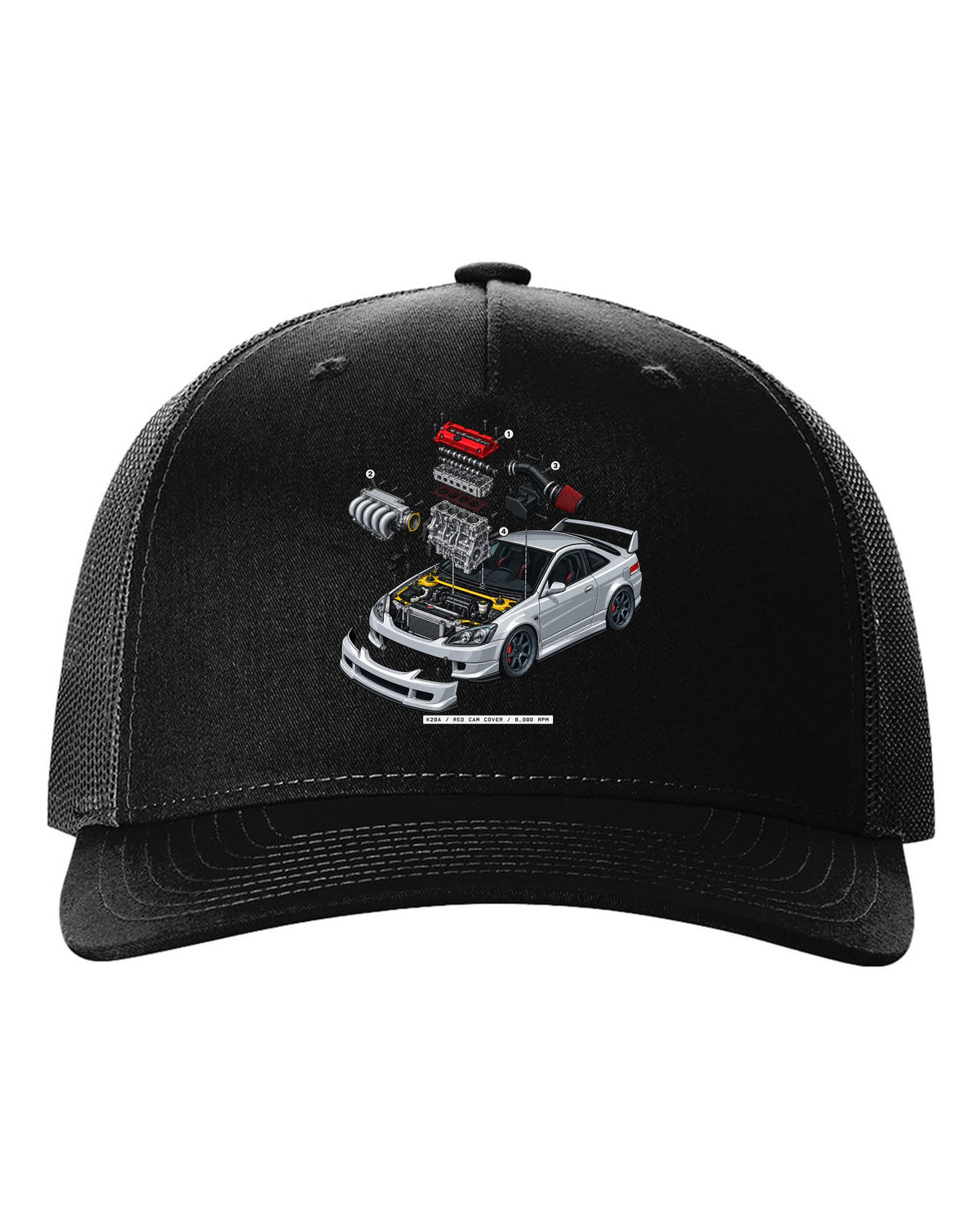 Exploded K20A engine diagram print of a 2002 Honda Integra DC5 ch with red cam cover text black hat front view with the design