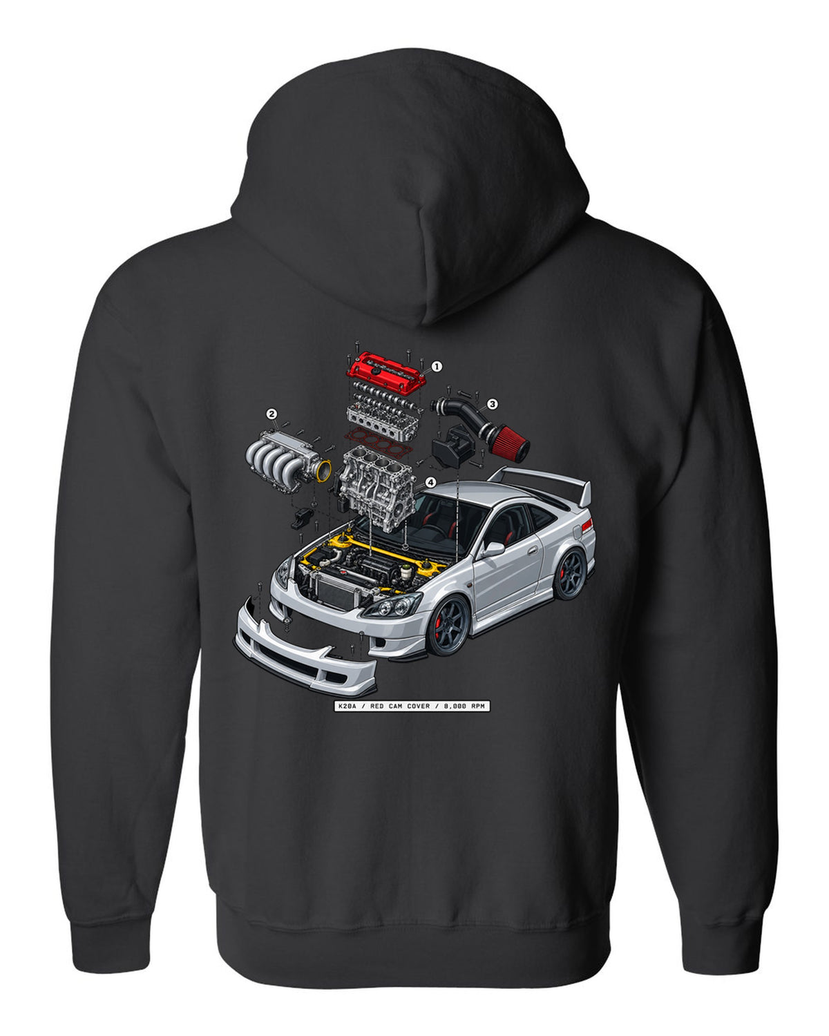 Exploded K20A engine diagram print of a 2002 Honda Integra DC5 ch with red cam cover text black zip hoodie back view with the design