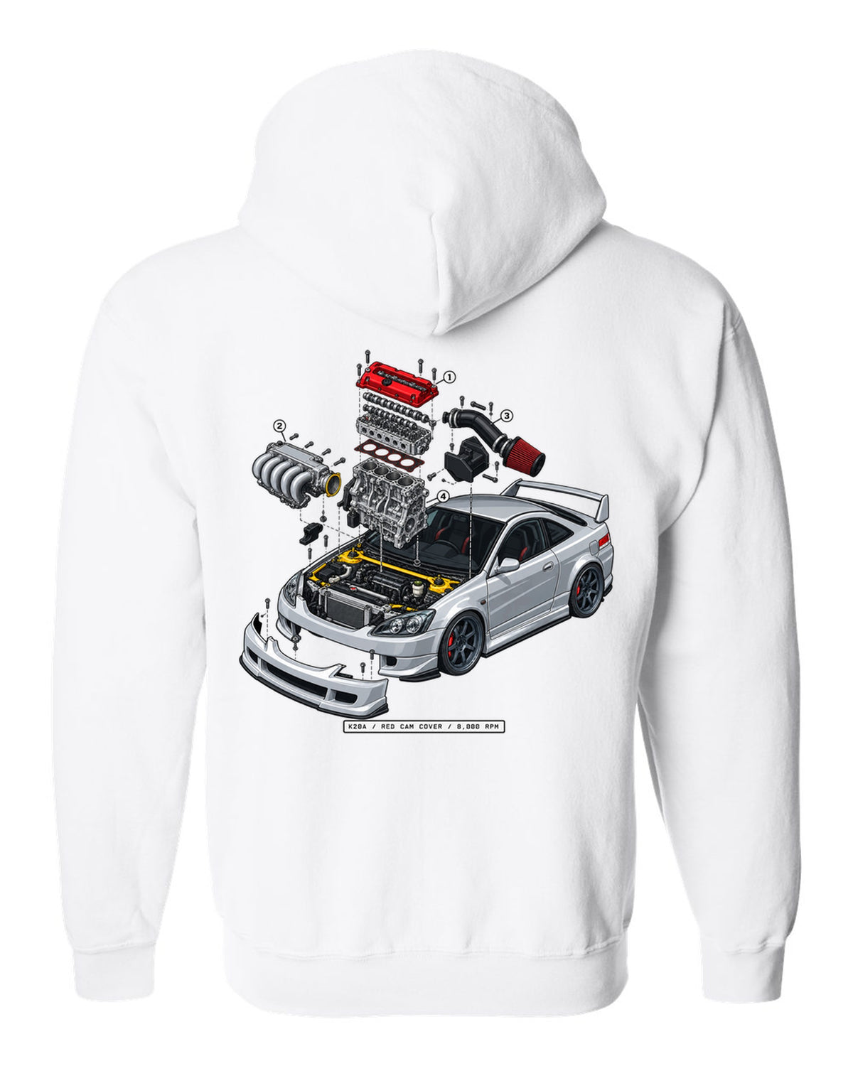 Exploded K20A engine diagram print of a 2002 Honda Integra DC5 ch with red cam cover text white zip hoodie back view with the design